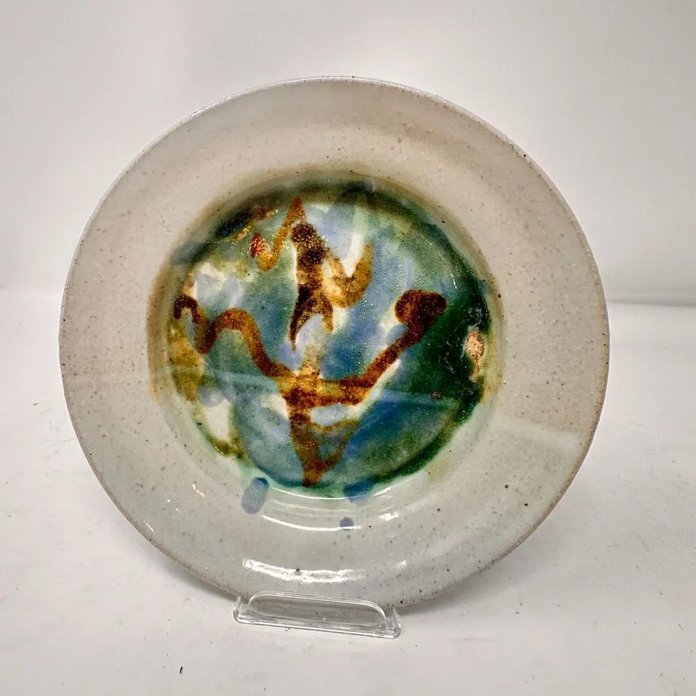 Vintage Studio Pottery Berry Bowl Strainer Planter Abstract Blue Green 7x1.5”
